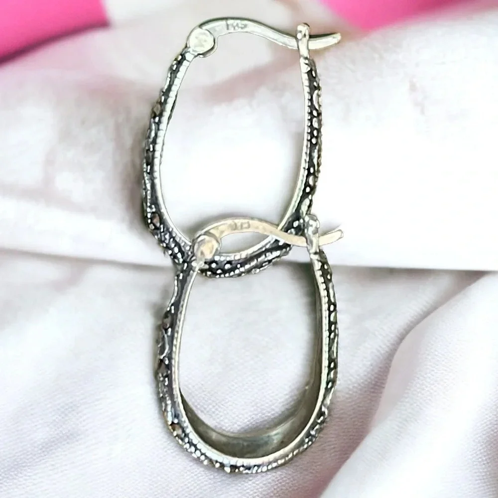 Designer Marcasite Sterling Silver Hoop Earrings